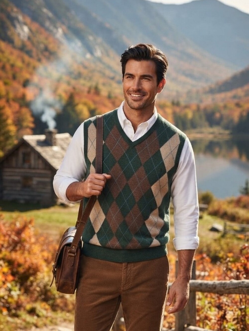 IZOD Men's XL Green Argyle V-Neck Sweater Vest 100% Cotton Preppy